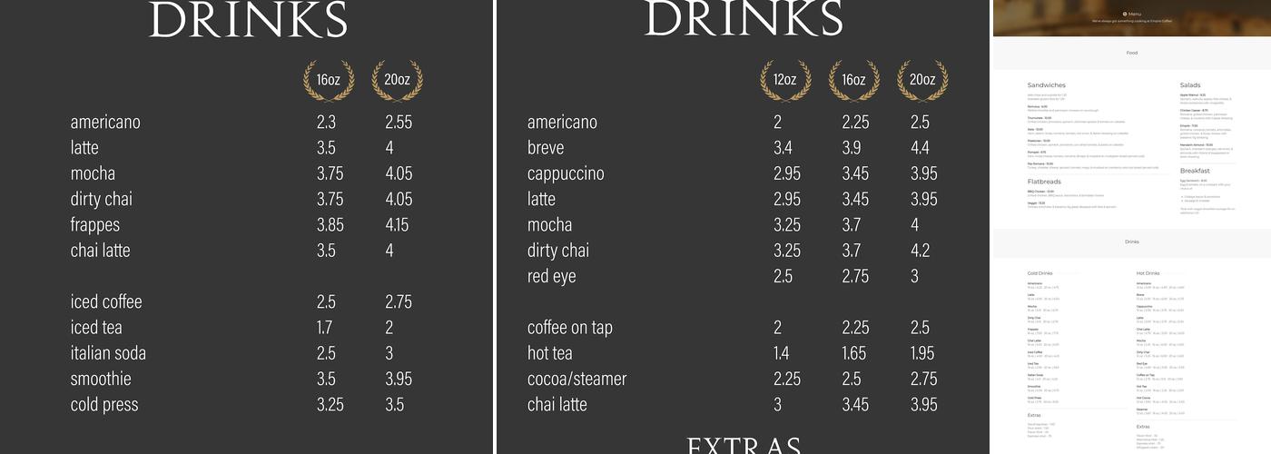 Empire Coffee Menu