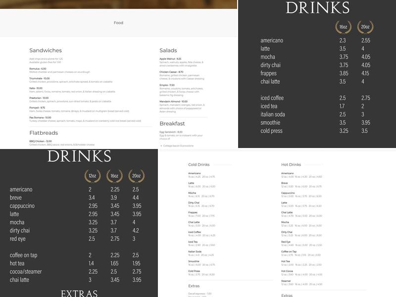 Empire Coffee Menu