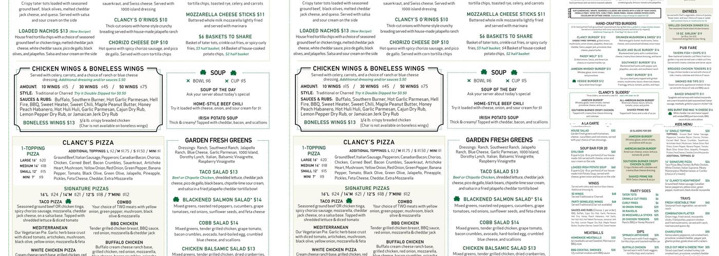 Clancy's Pub Pizza & Grill on 168th Menu