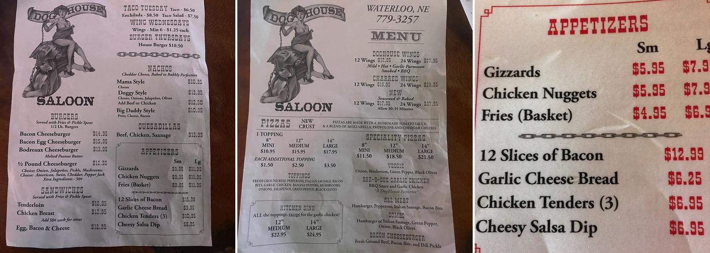 Dog House Saloon Menu