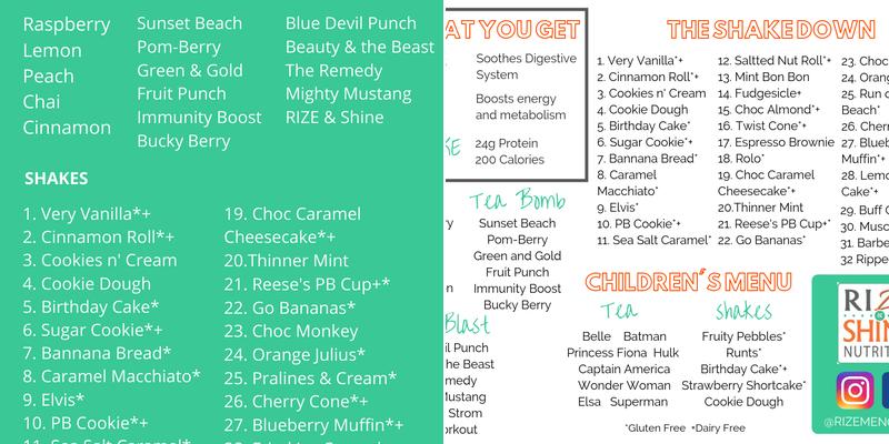 RIZE Nutrition Menu