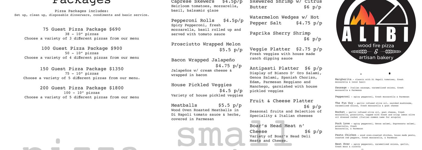 Alibi Wood Fire Pizzaria & Bakery Menu