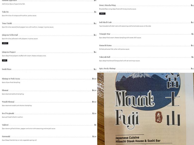 Mount Fuji Menu