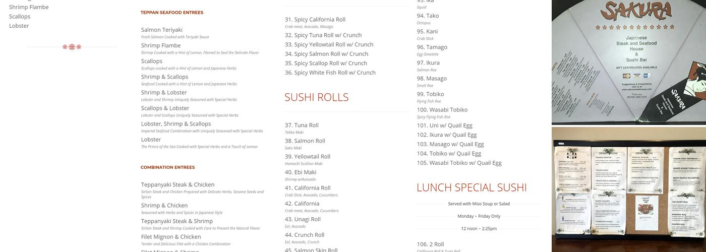 Sakura Japanese Steak, Seafood House & Sushi Bar Menu