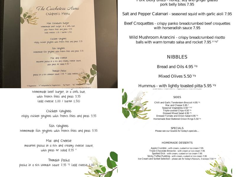 The Cricketers Arms Menu