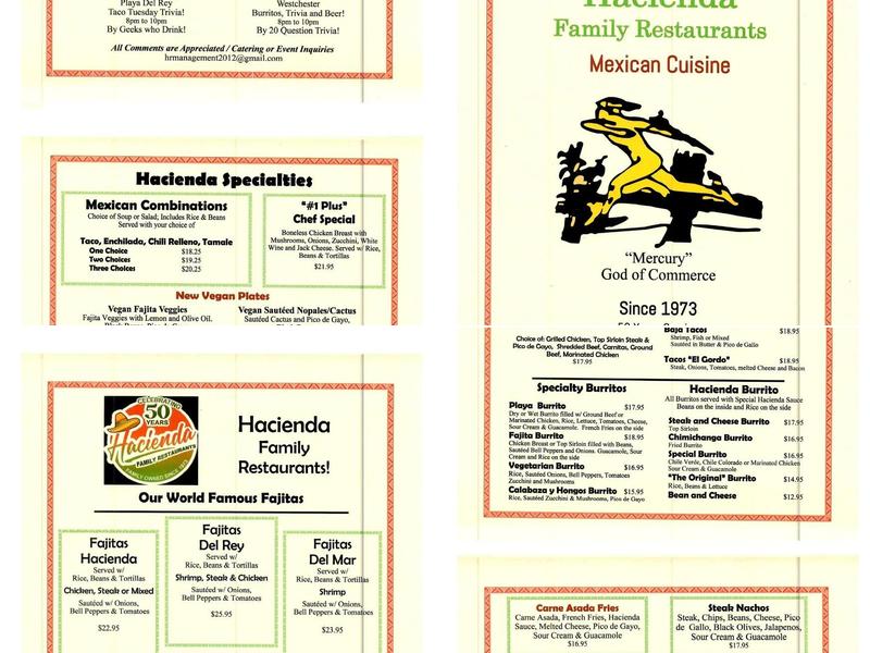 Hacienda Playa Del Rey Menu