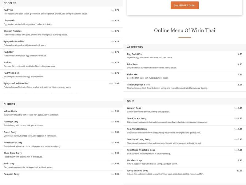 Wirin Thai Restaurant Menu