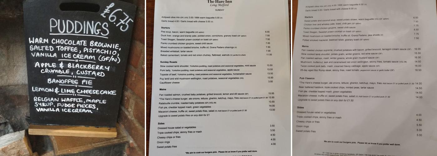 Hare Inn Long Melford Menu