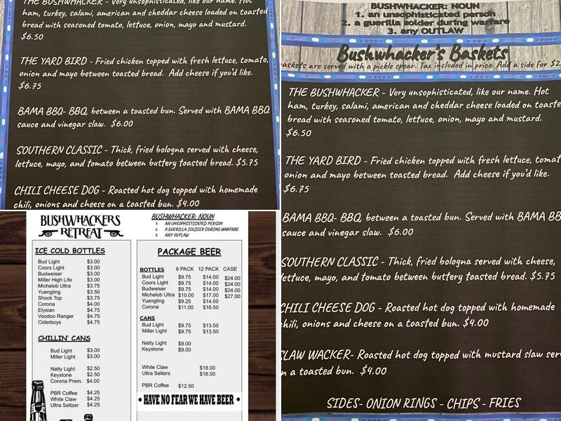 Bushwacker's Retreat Hampton Cove's Best Kept Secret! Menu