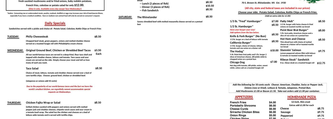Pat's Tavern & Grill Menu