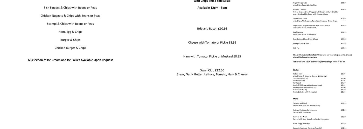 The Swan Inn Menu