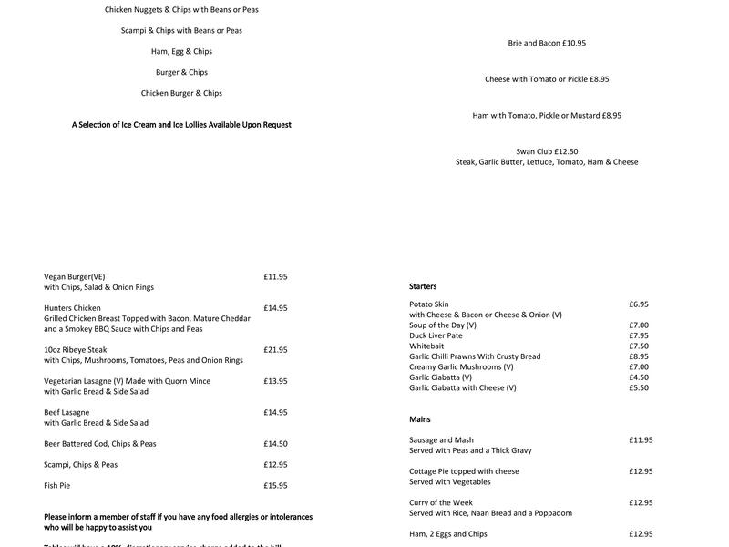 The Swan Inn Menu