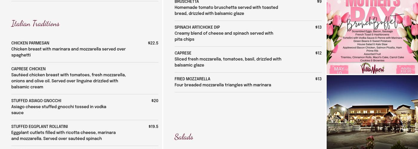 Villa Macri Menu