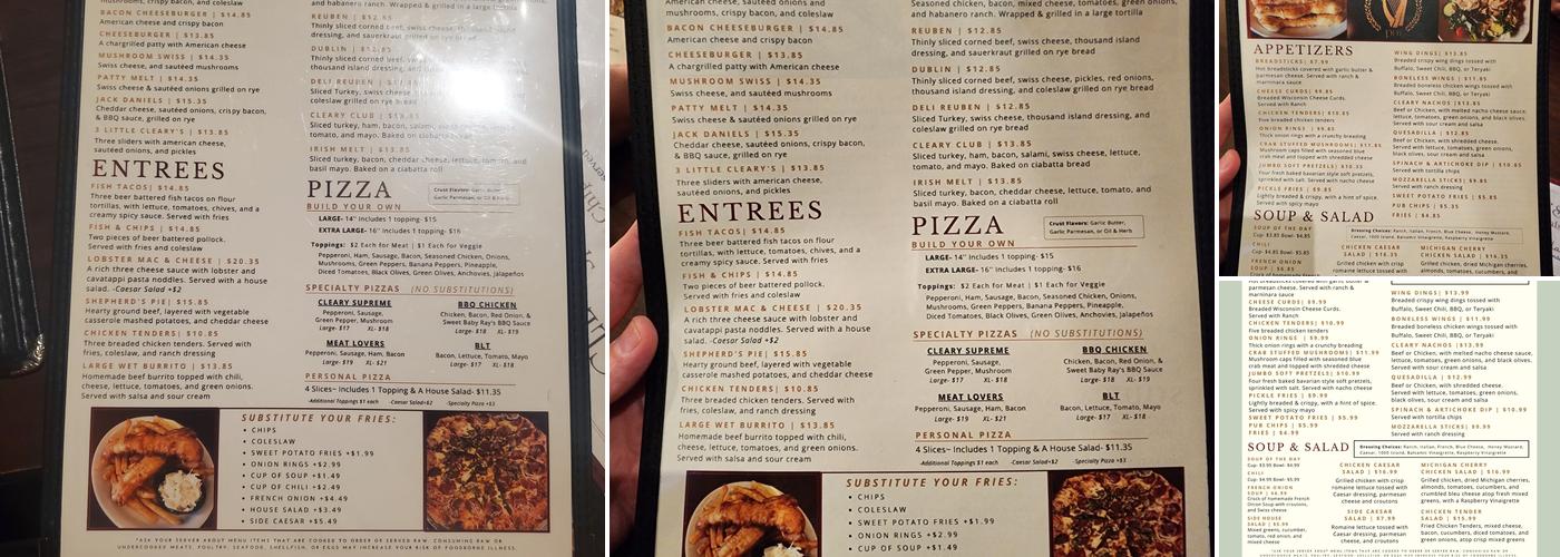 Cleary's Pub Menu