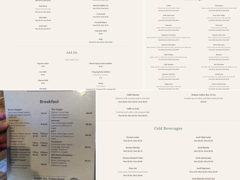 Joe And Rosie Coffee and Tea Menu