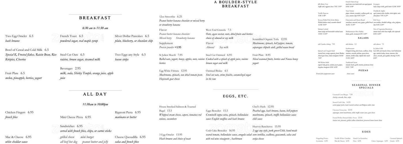 T-Zero Lounge Menu
