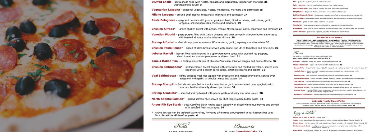 Zane's Italian Bistro Menu