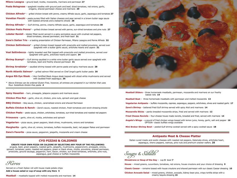 Zane's Italian Bistro Menu