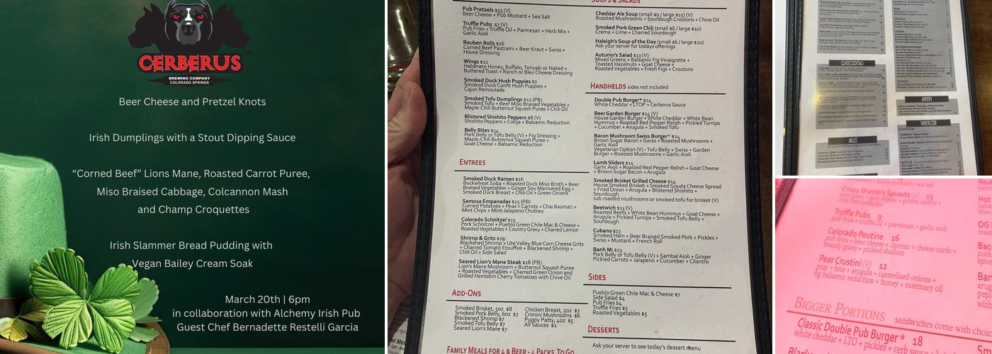 Cerberus Brewing Company Menu