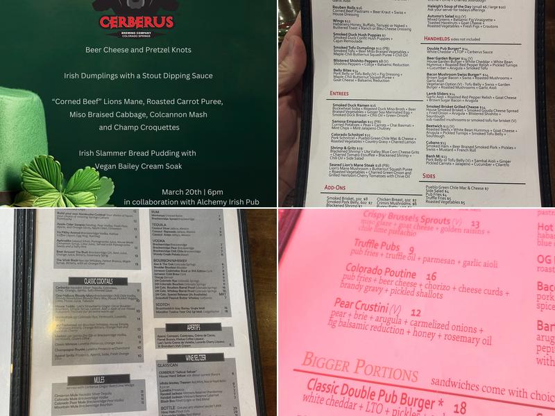Cerberus Brewing Company Menu