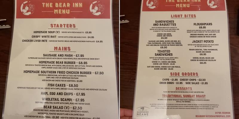 Bear Inn Menu