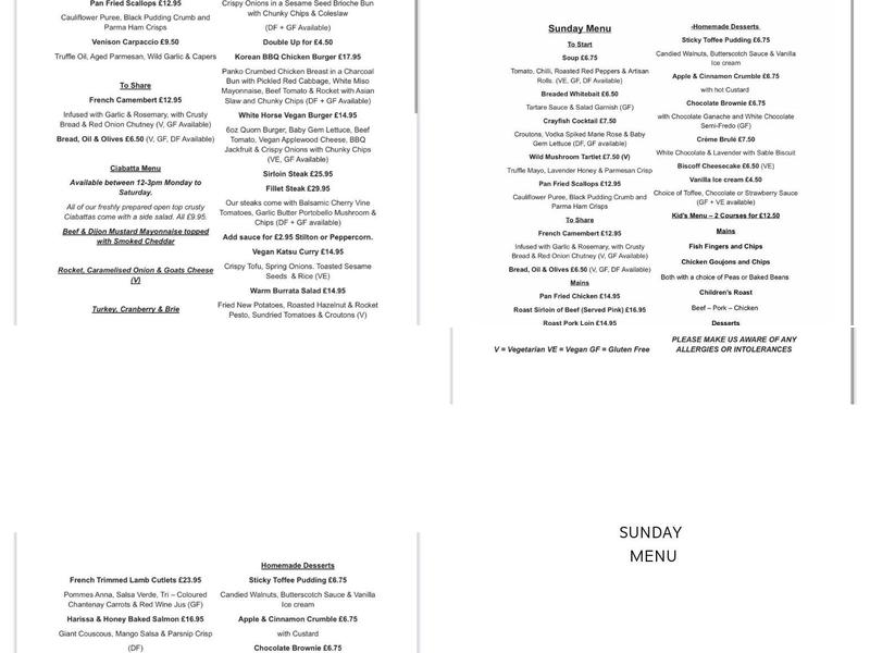 The White Horse Menu