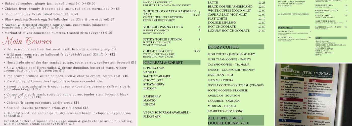 The Fox At Lyng Menu