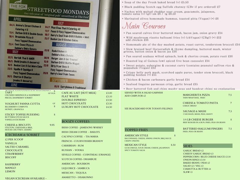 The Fox At Lyng Menu