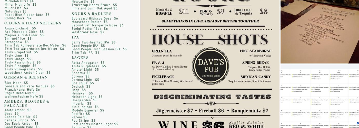 Dave's Pub Menu