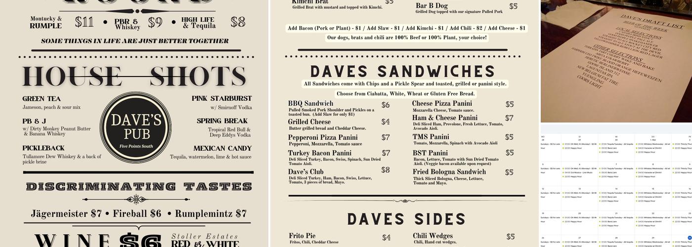 Dave's Pub Menu