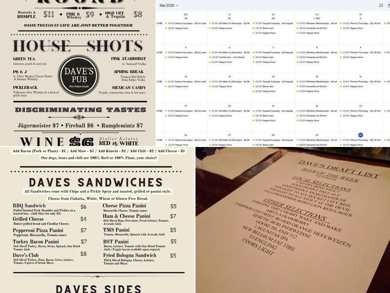 Dave's Pub Menu