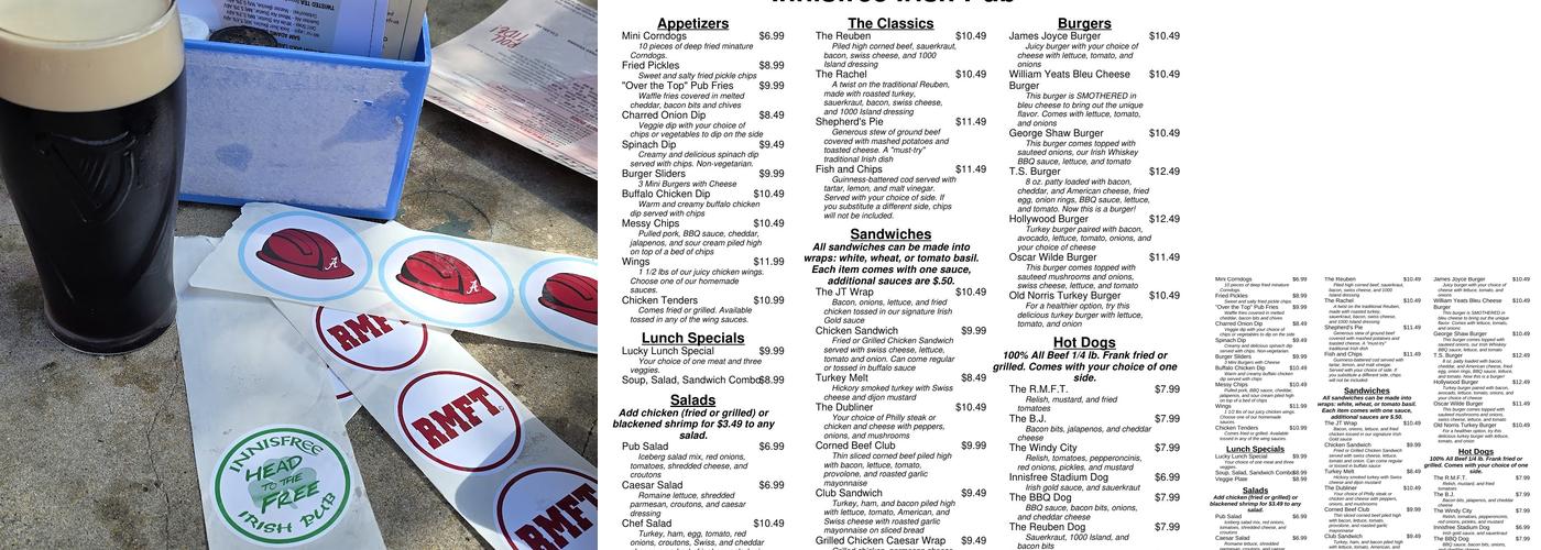 Innisfree Pub Menu