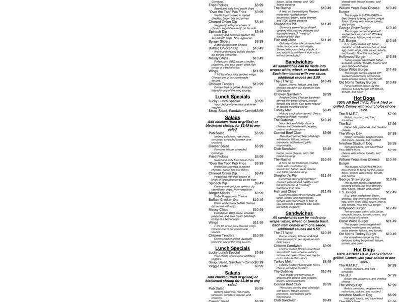 Innisfree Pub Menu