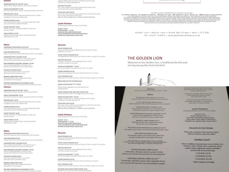 Golden Lion Menu