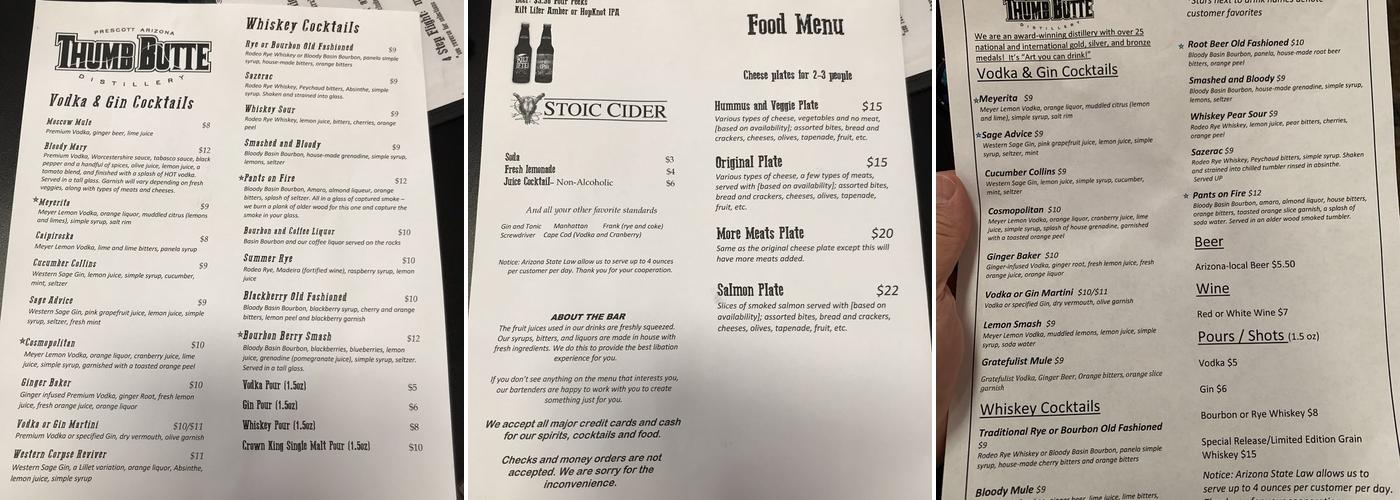 Thumb Butte Distillery Menu