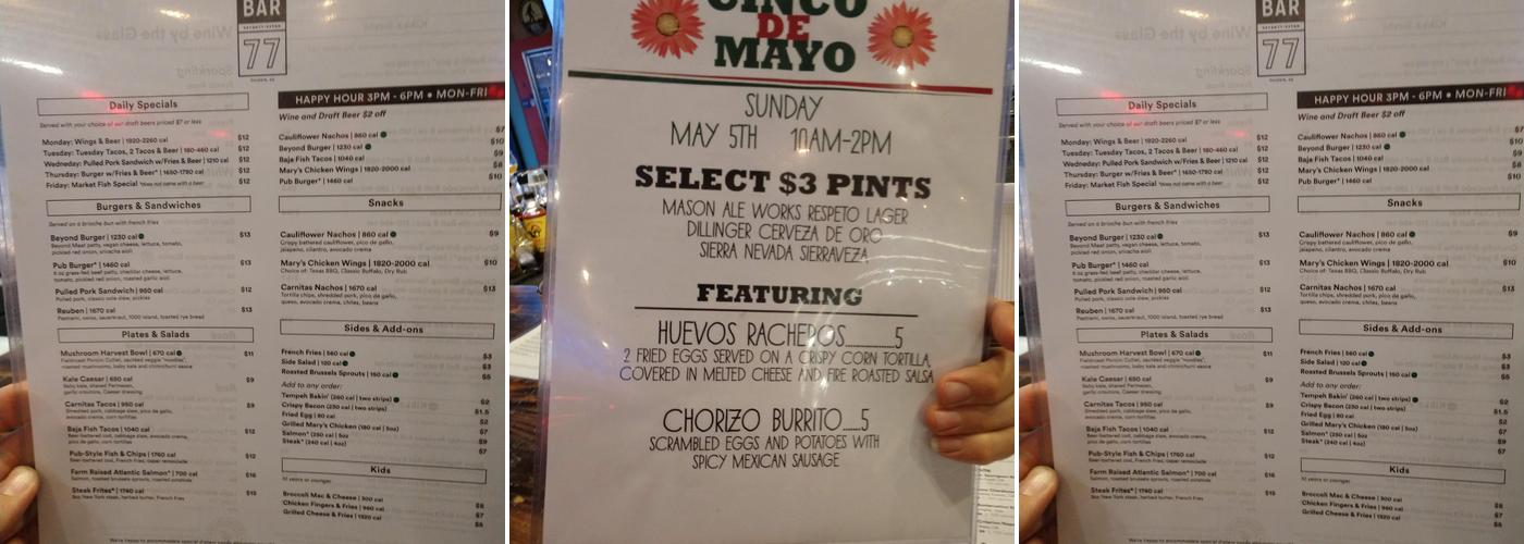 Bar 77 Menu