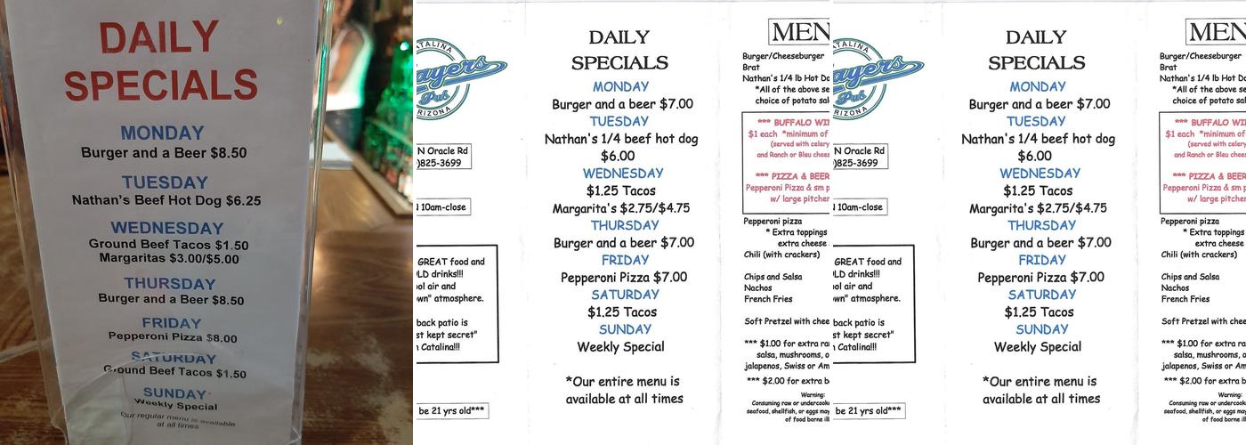 Players Pub Menu