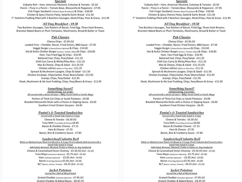 Horse and Groom Wivenhoe Menu