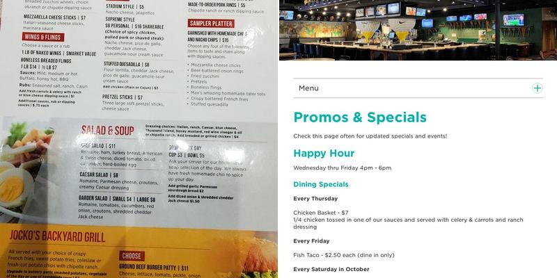 Max's Sports Bar Menu