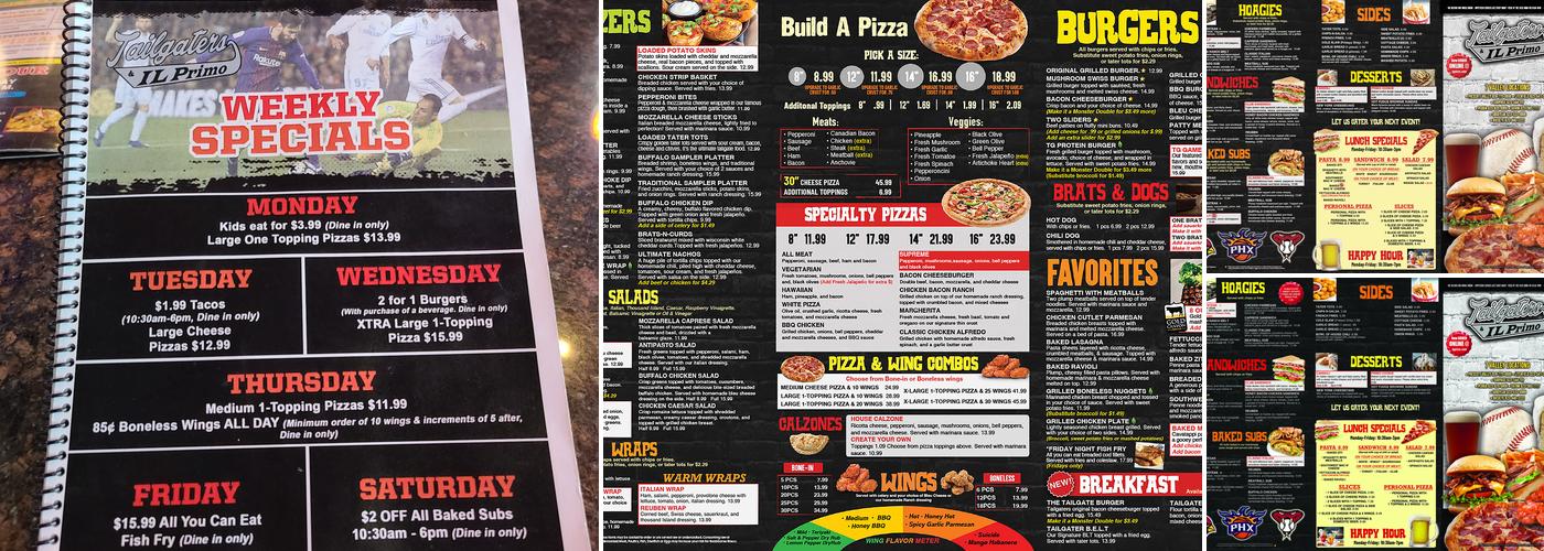 Tailgaters & IL Primo Peoria Menu