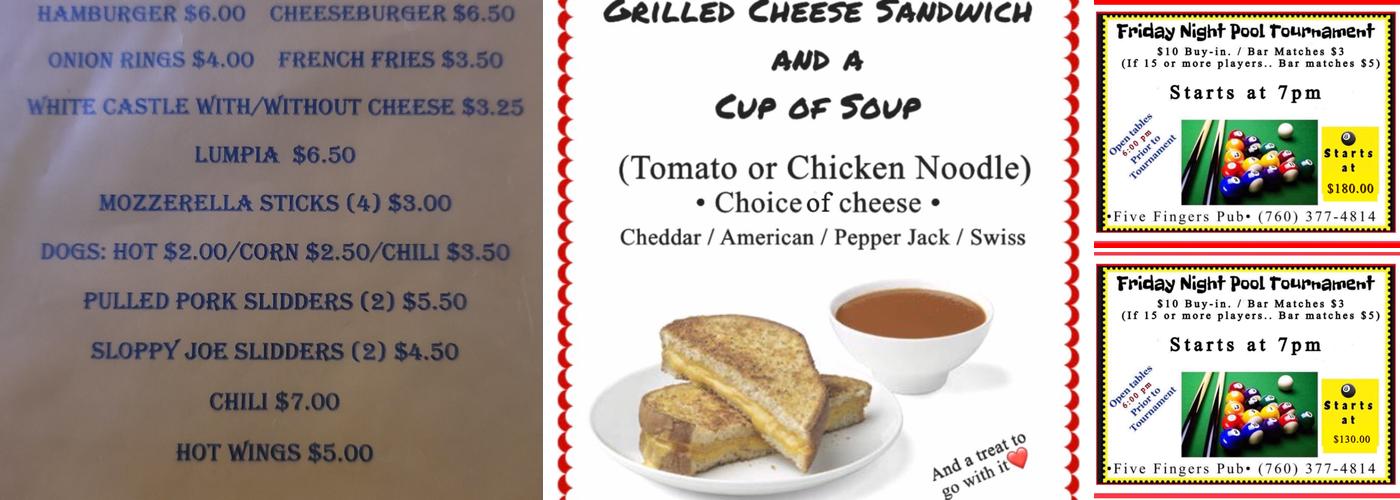 Five Fingers Pub Menu