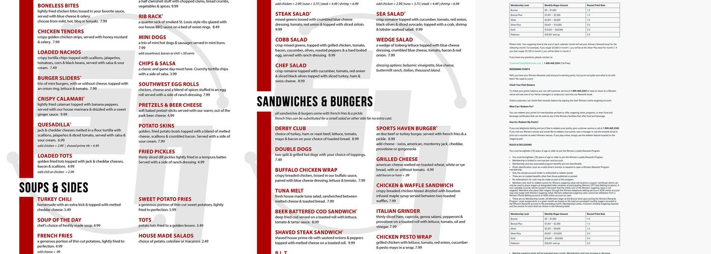 Winners Sports Haven Menu