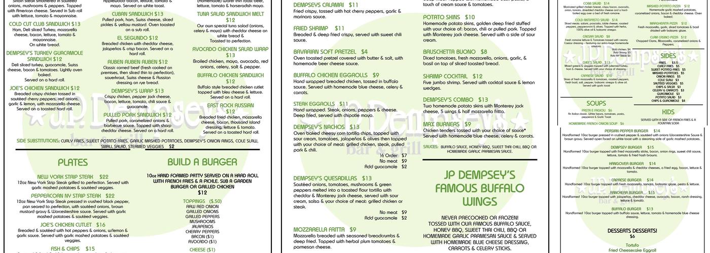 J.P Dempsey's Menu