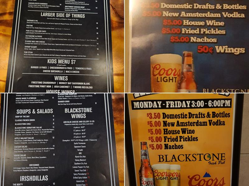 Blackstone Irish Pub Menu