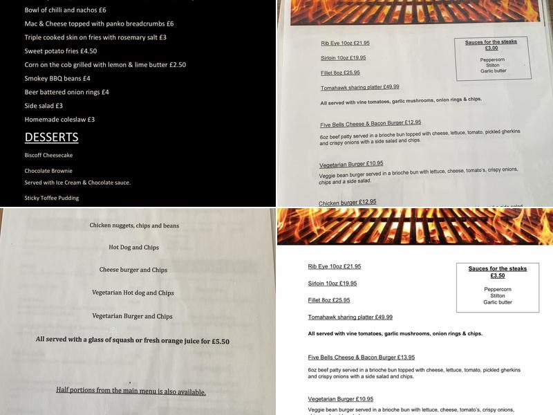 The Five Bells, Ringwould Menu