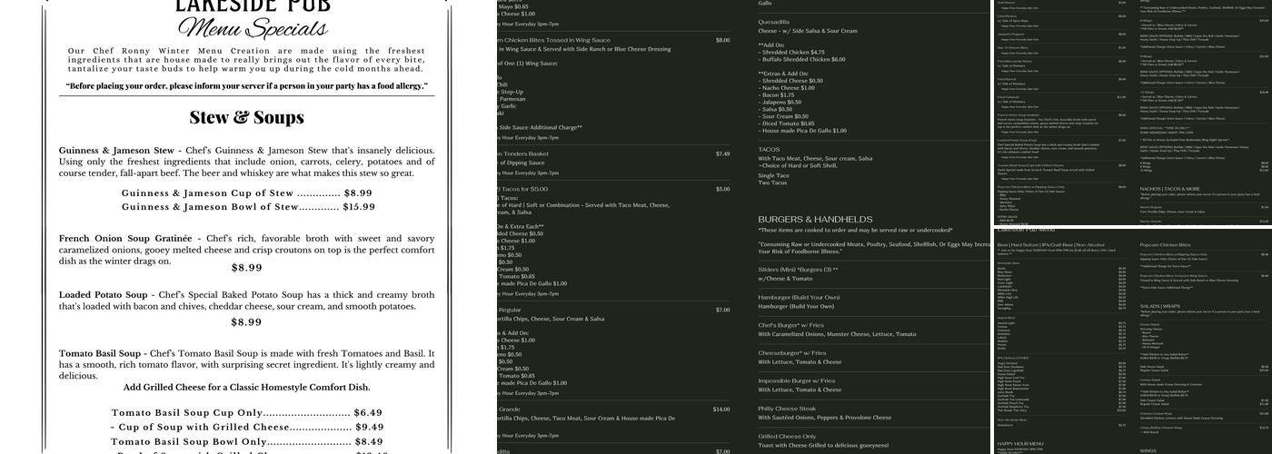 Lakeside Pub Menu