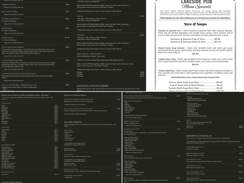 Lakeside Pub Menu