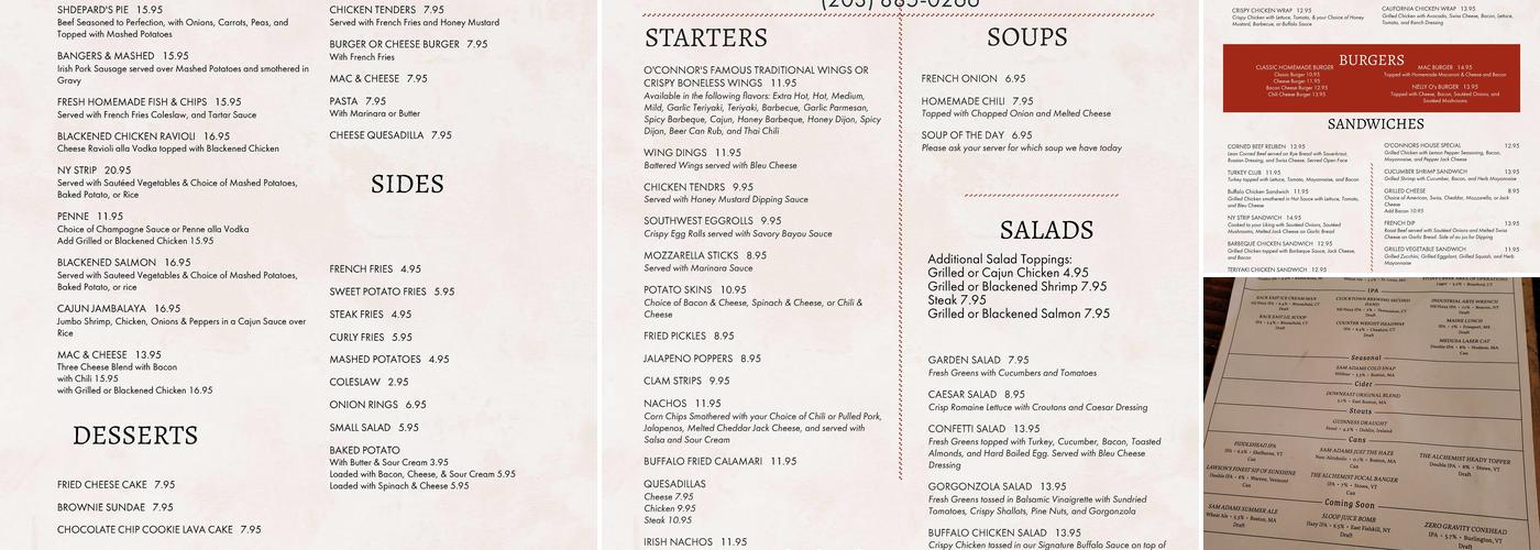 O'Connor's Public House Menu