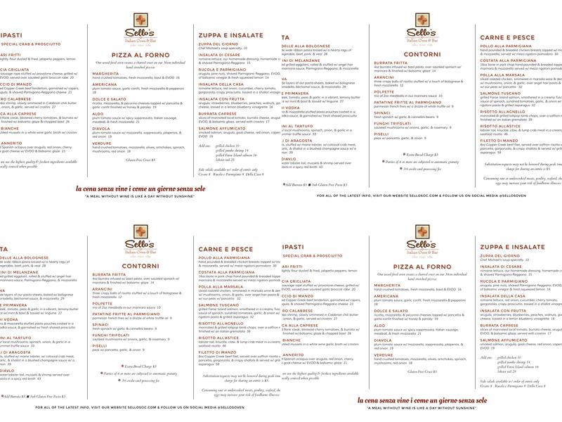 Sello's Italian Oven & Bar Menu
