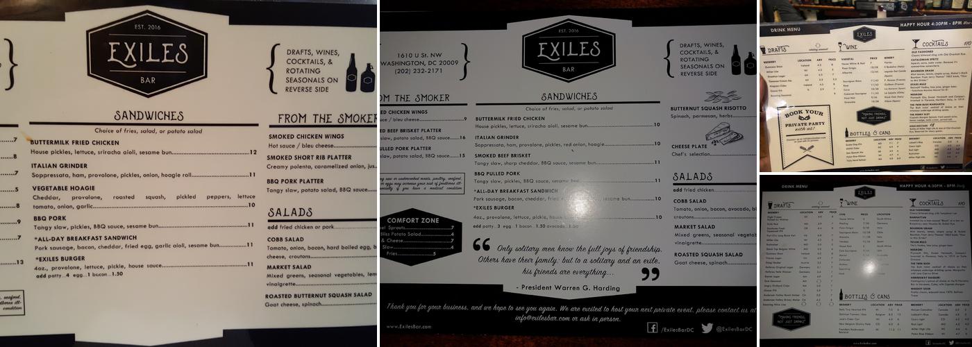 Exiles Bar Menu